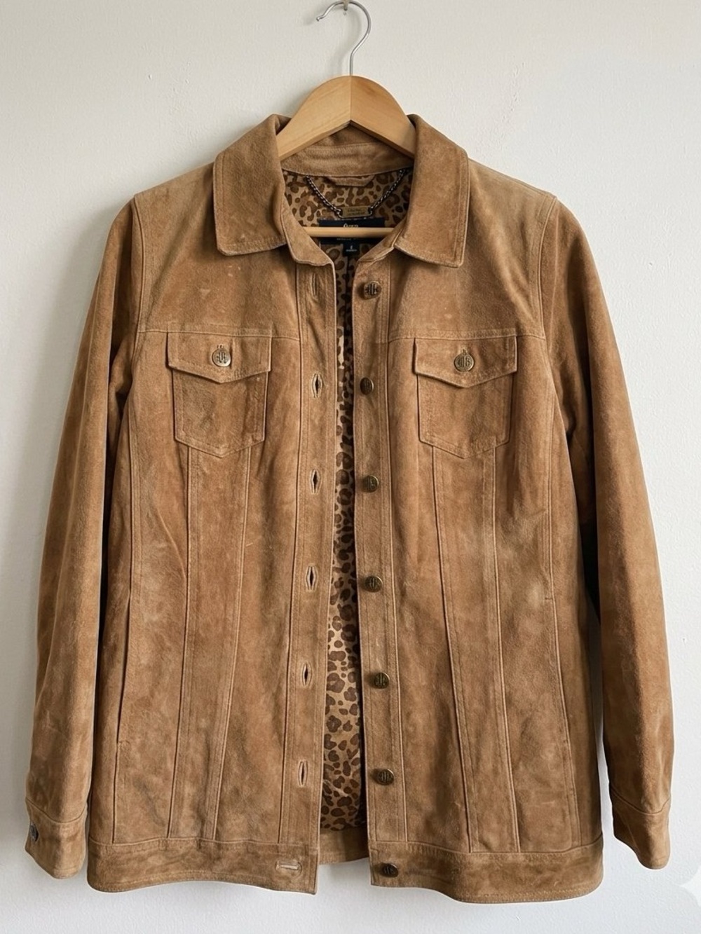 Dennis by Dennis Basso Vintage Suede Trucker Jacket Tan Leopard Print Lining S
